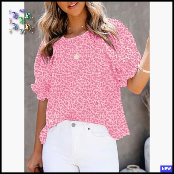 Floral Print Babydoll Blouse Smocked Puff Sleeve Crewneck Tunic Top Chic Casual - Picture 4 of 7